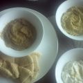 Hummus, auberginedip en tzaziki met pitabrood!