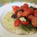 Vis uit de oven met pesto, tomaten en olijven