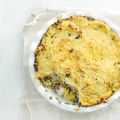 Linzenpie met prei, puree en geitenkaas