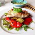 Grilled Chicken on top of a Vegetable Stack