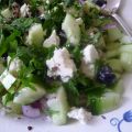 Komkommer- rode ui- peterselie en feta salade