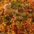 Parelcouscous met gebakken kabeljauwhaas