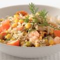Zeevruchtenpilau met maÃ¯s en prei